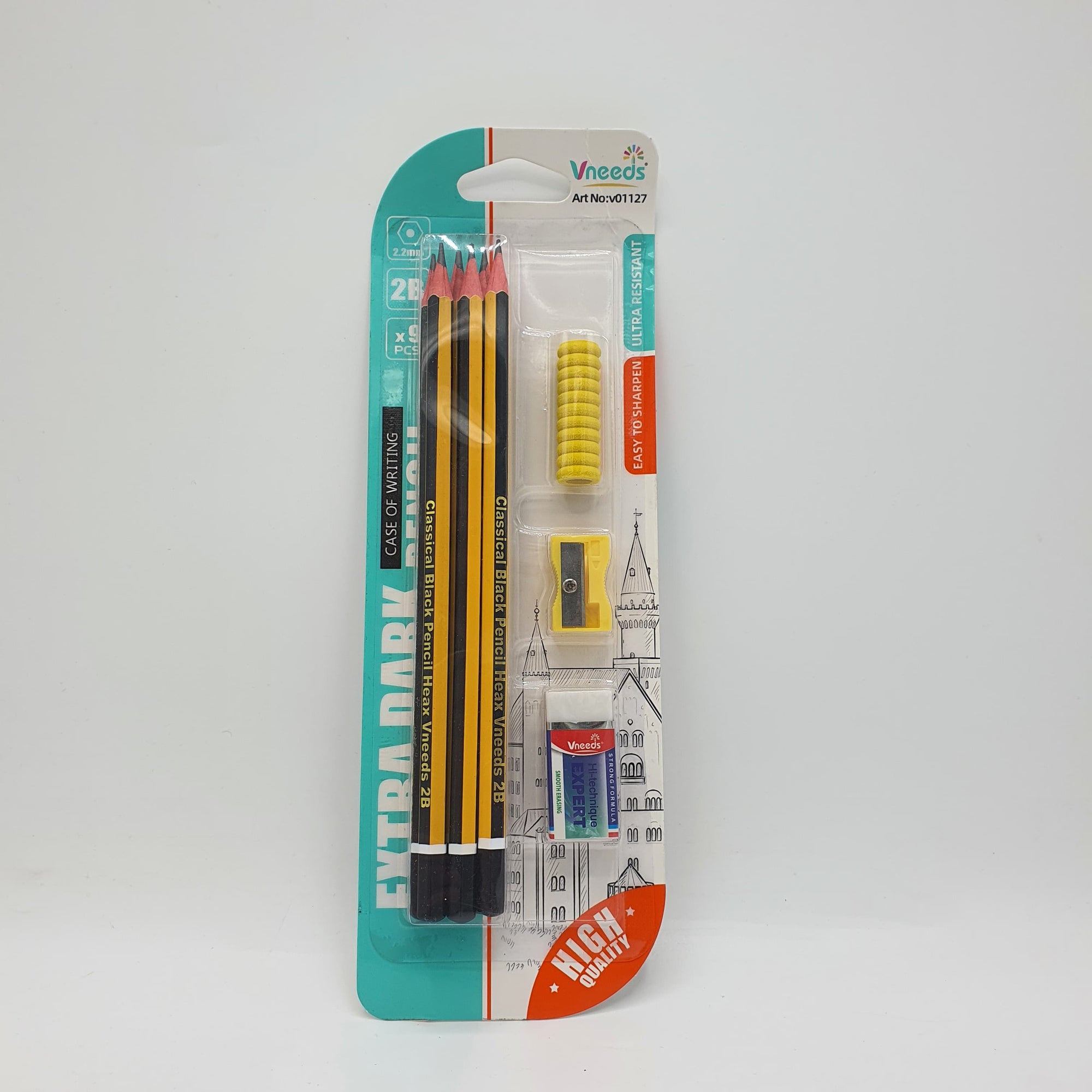 VNEEDS PENCIL SET | Vneeds Pencil Set – 6 Pencils with Eraser, Sharpener & Pencil Gripper | Ideal for School, Office & Drawing