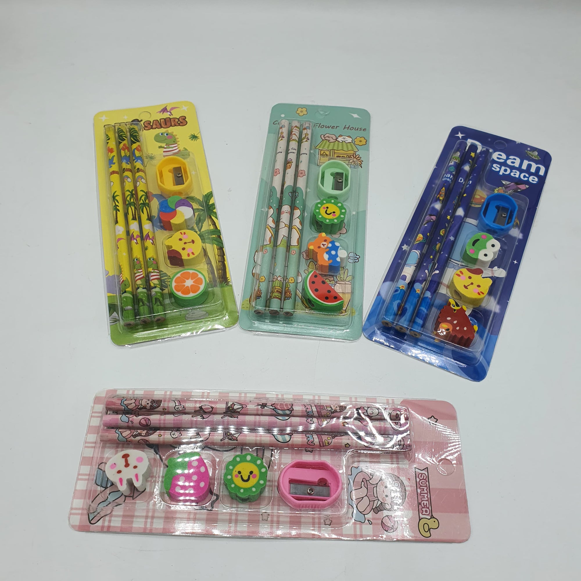 SUMMER PENCIL SET 7PC-1006 | Dream Space Cartoon Pencil Set – Complete Stationery Kit with 2B Pencils, Erasers & Sharpener